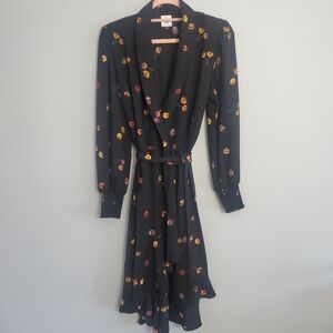 CAbi Devine Floral Black Wrap Dress Tiered Preppy Wedding Formal Office Sz S
